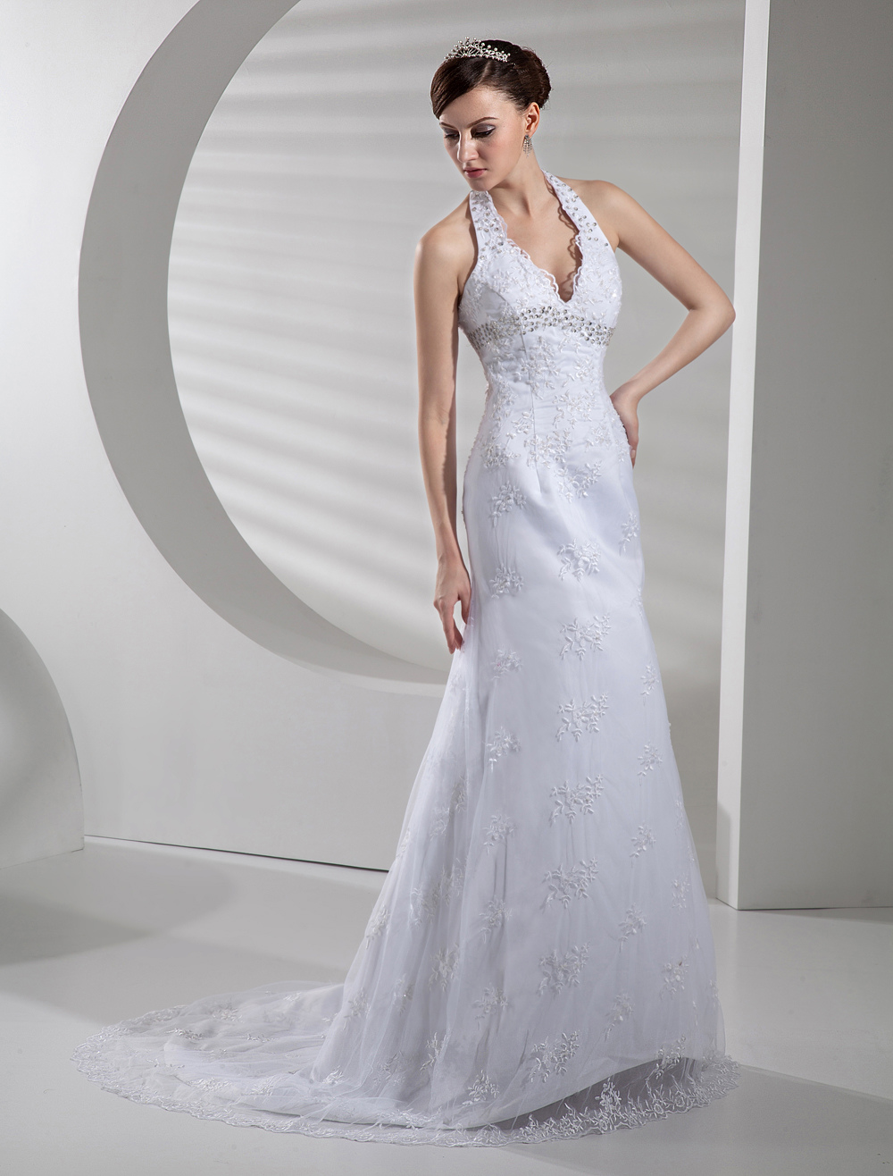 White Midi Halter A-Line Hollow Out Wedding Dress
