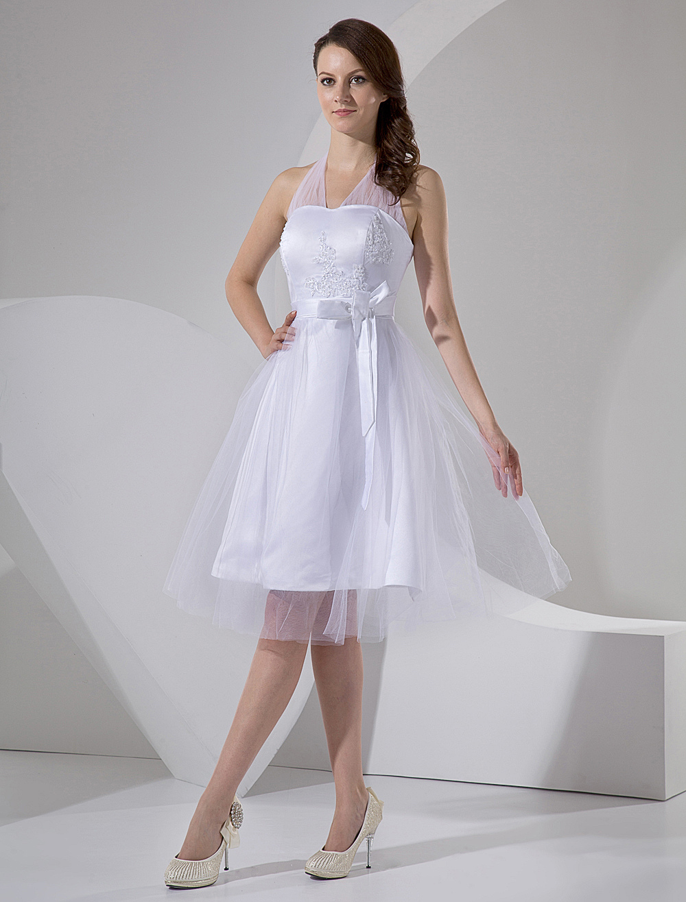 White Halter Embroidery Sash Satin Mini Wedding Dress - Milanoo.com
