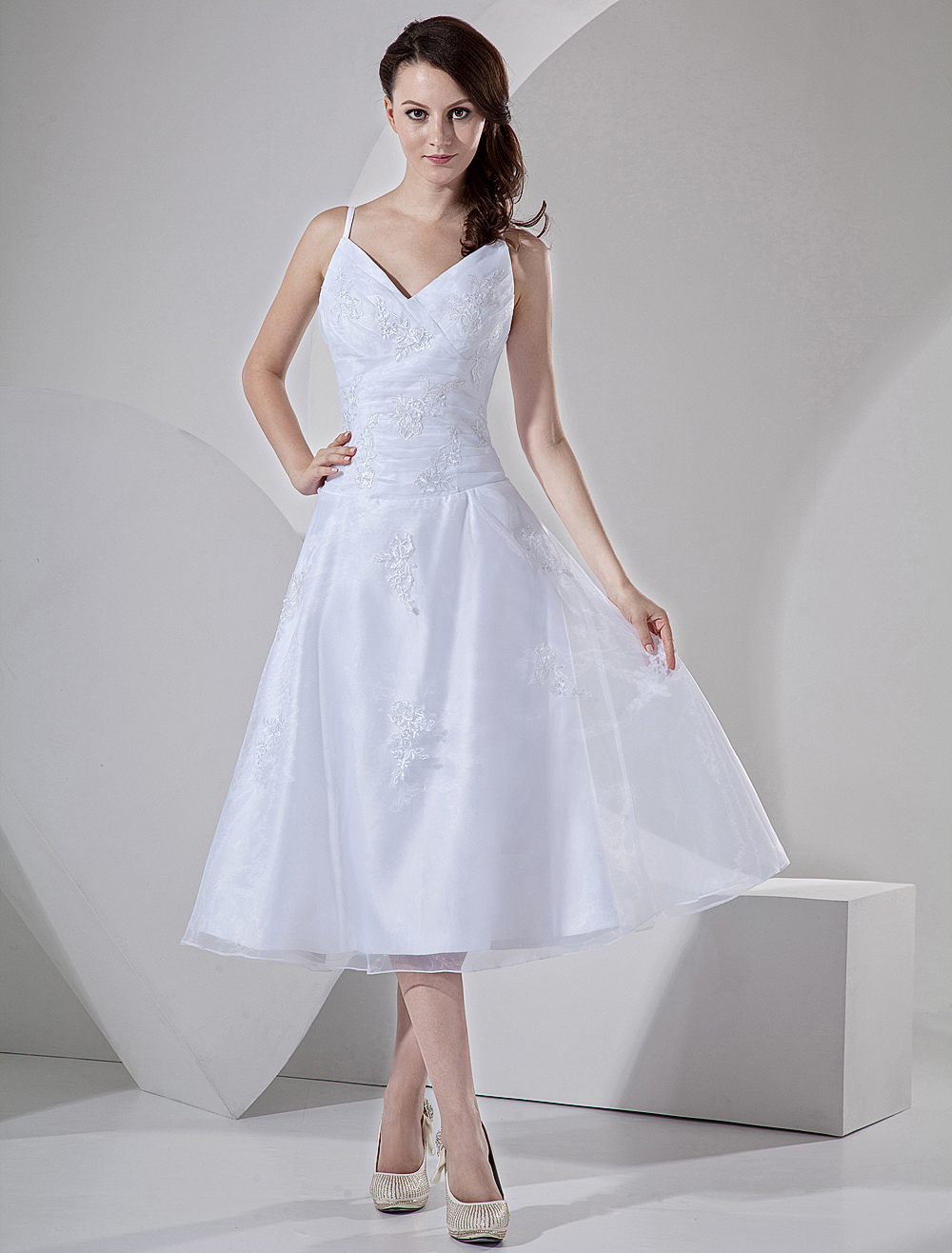 White Ruched V-Neck Sleeveless A-line Satin Bride's Wedding Dress ...