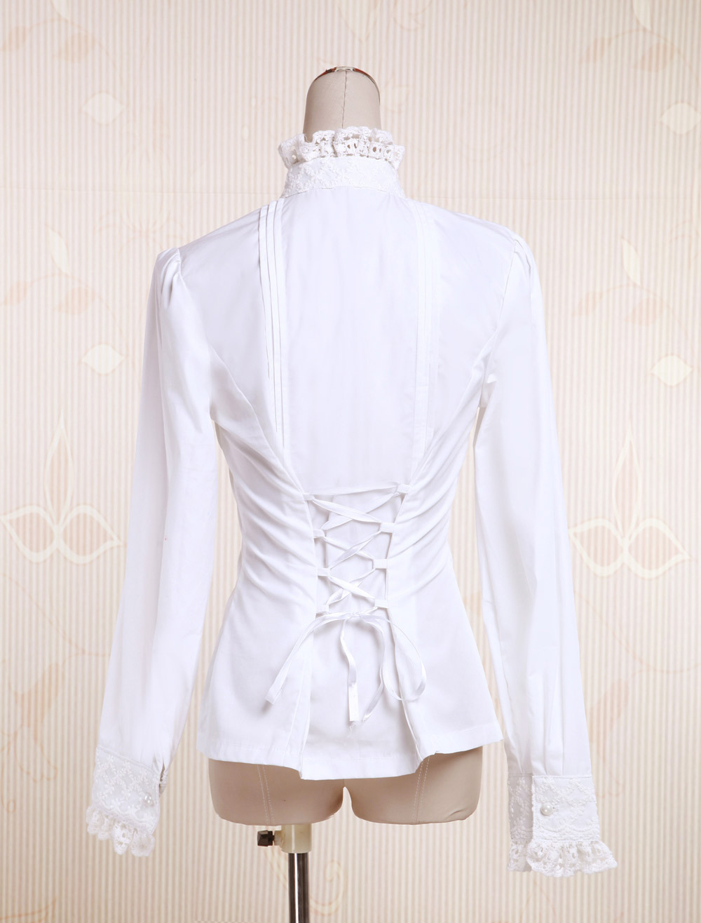 White Cotton Lolita Blouse Long Sleeves Stand Collar Lace Trim Lace Up ...
