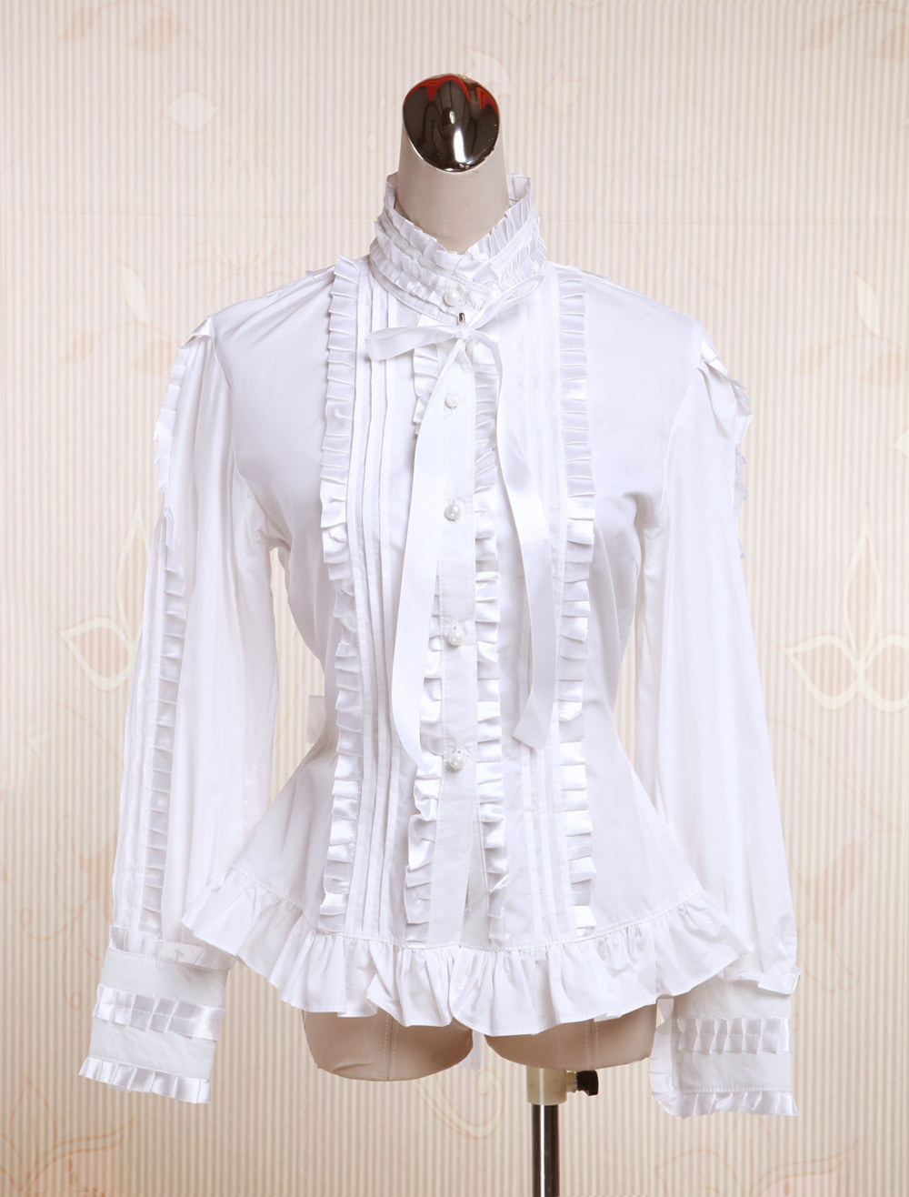 White Cotton Lolita Blouse Long Sleeves Stand Colalr Lace Bow Layered Ruffles - Milanoo.com