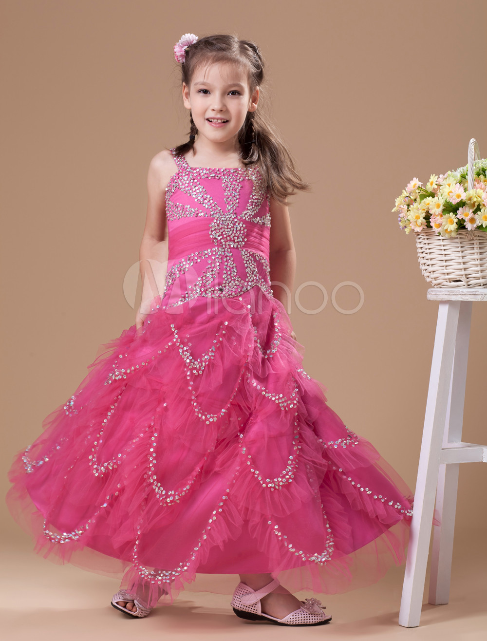 Gorgeous Fuchsia Organza Floor Length Little Girl's Dress - Milanoo.com
