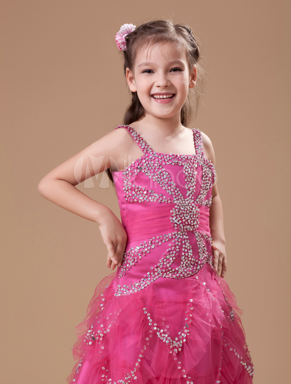 Gorgeous Fuchsia Organza Floor Length Little Girl's Dress - Milanoo.com