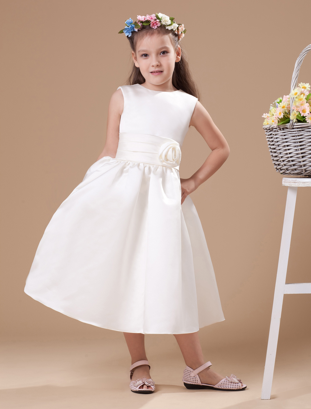 $79 SALE: Ivory Satin Flower Girl Dress with Navy Blue Belt / Bow main image 0