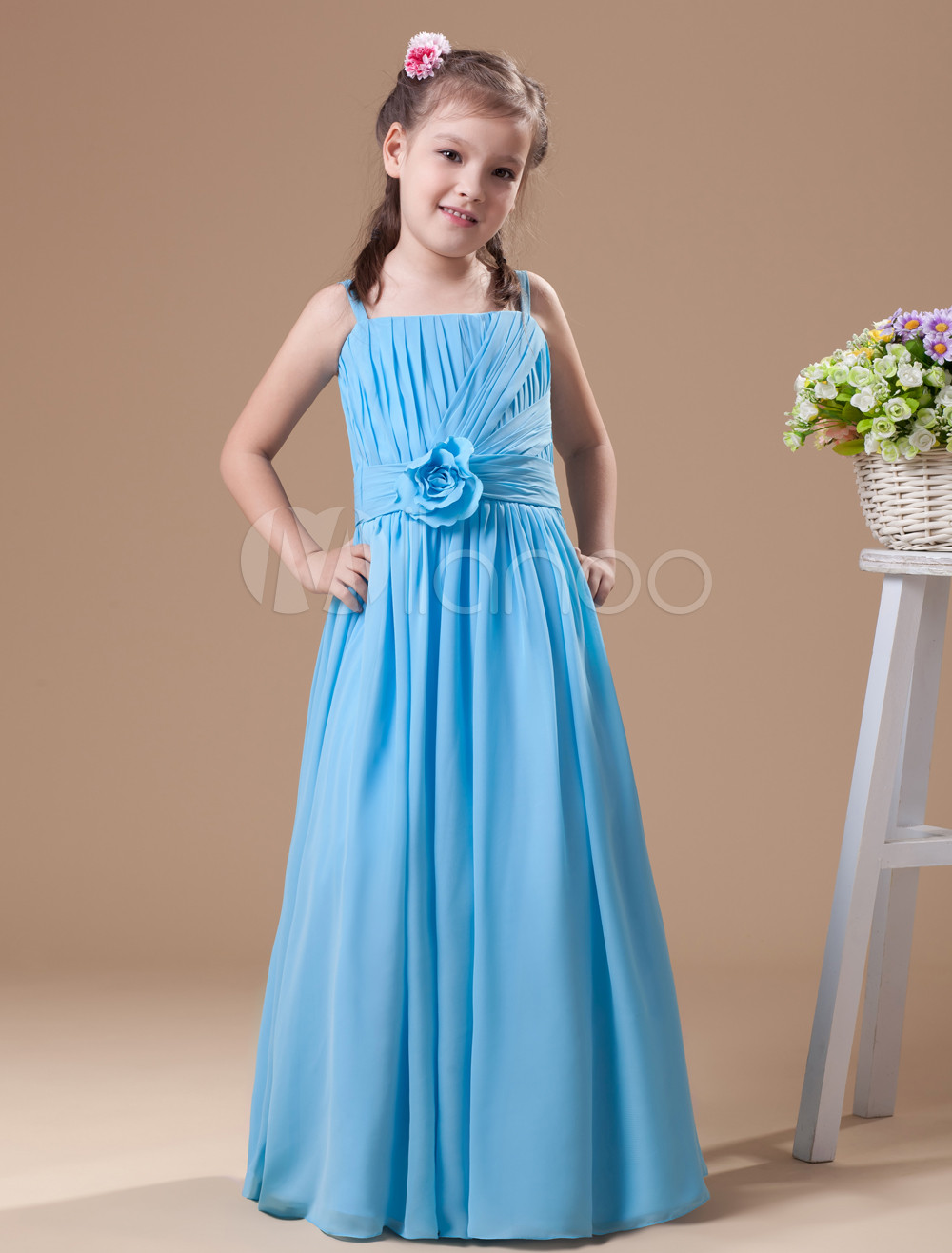 Aqua Flower Girl Dress Chiffon Flower Spaghetti Straps Floor Length ...