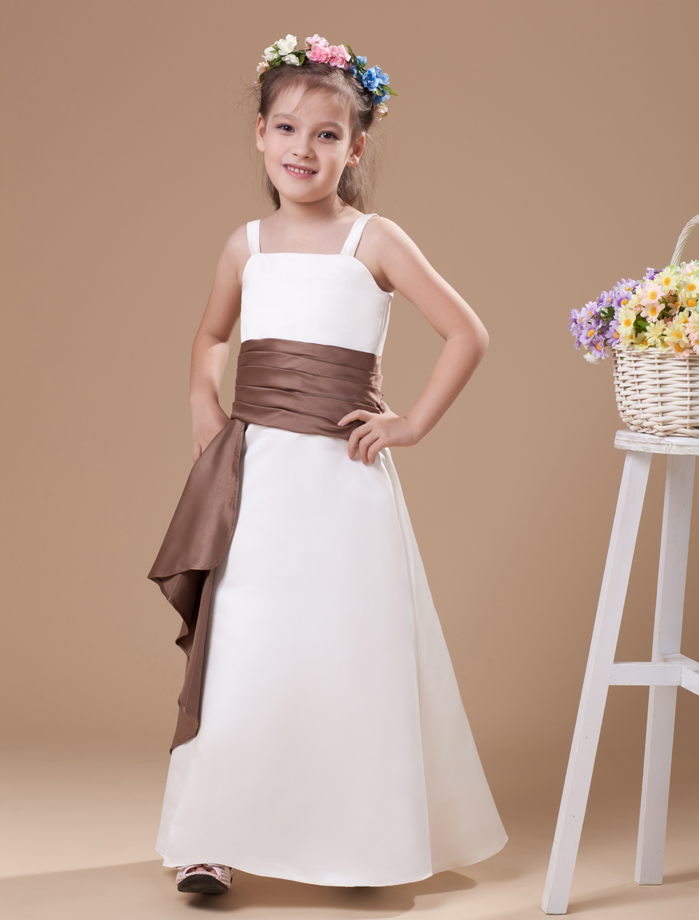 Aline White Satin Junior Bridesmaid Dress with Sash Spaghetti Straps