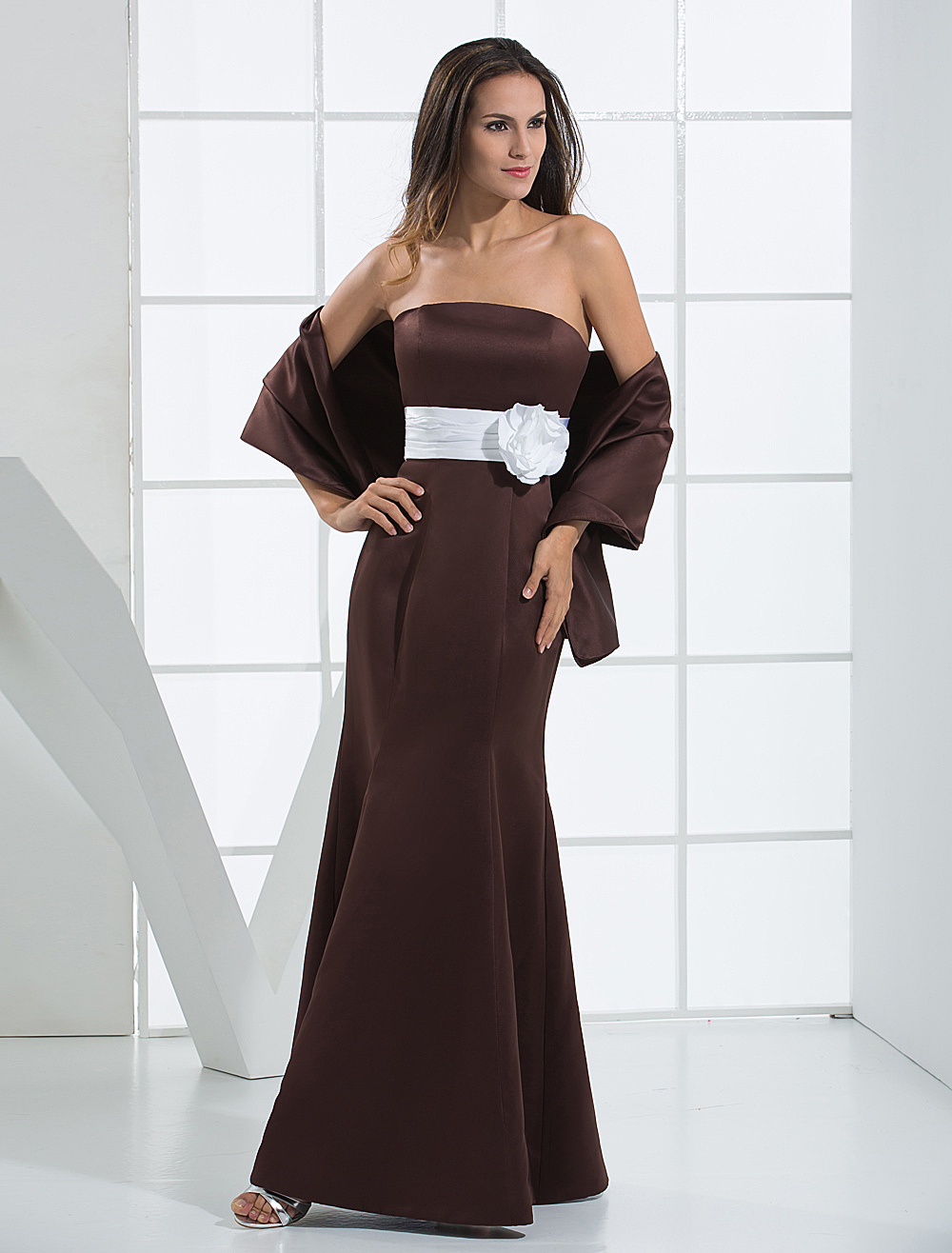 Black Mermaid Trumpet Wrap Sash Satin Bridesmaid Dress