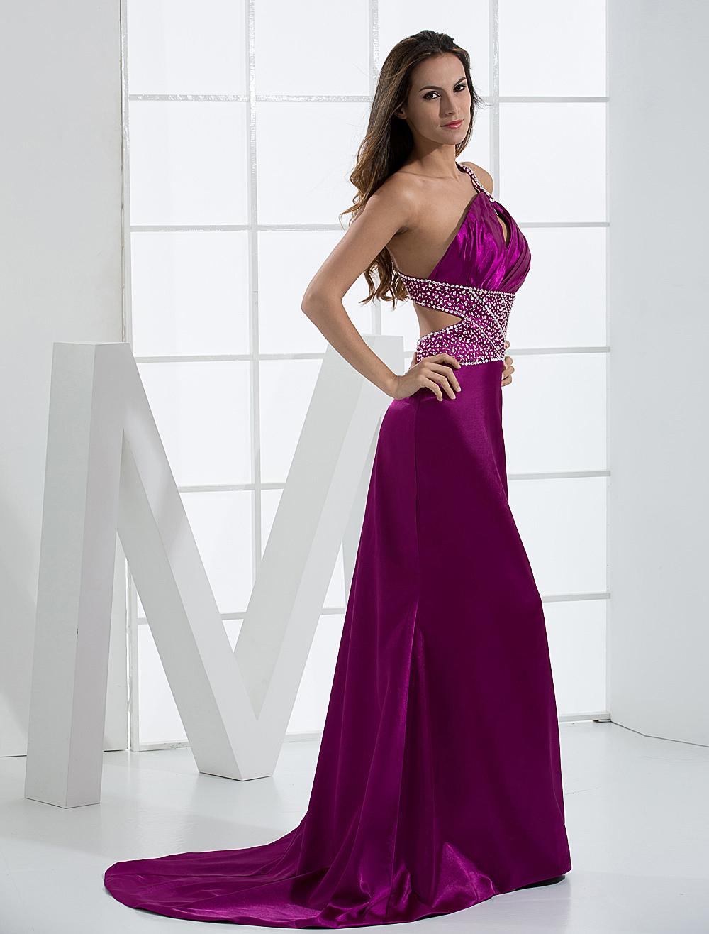 Magenta Evening Dress One Shoulder Beading Floor Length Cutout Satin ...