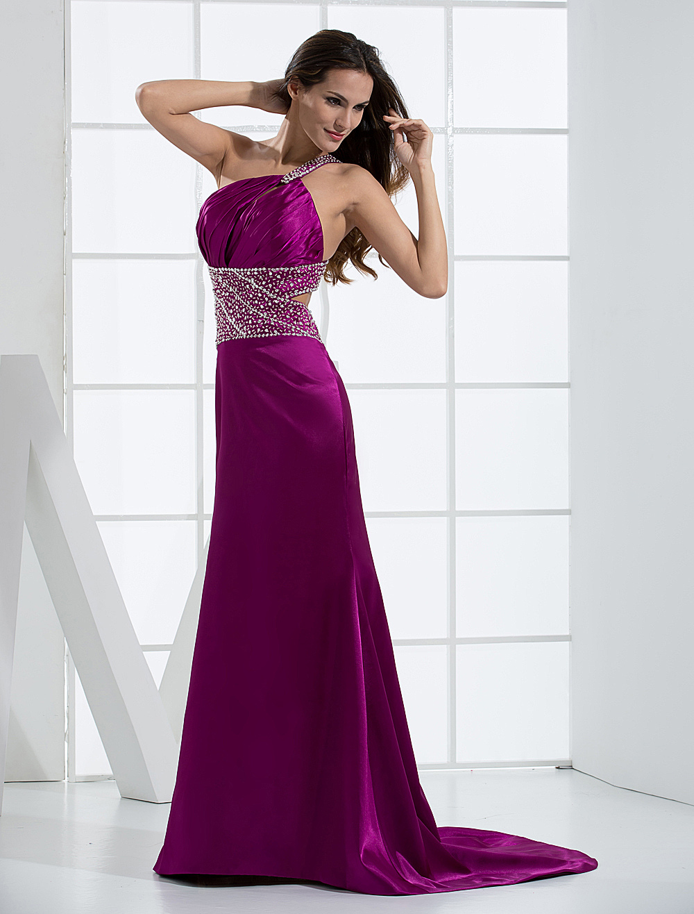 Magenta Evening Dress One Shoulder Beading Floor Length Cutout Satin ...