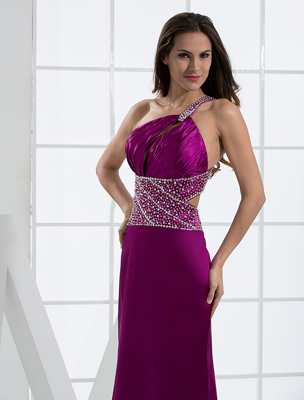 Magenta Evening Dress One Shoulder Beading Floor Length Cutout Satin ...