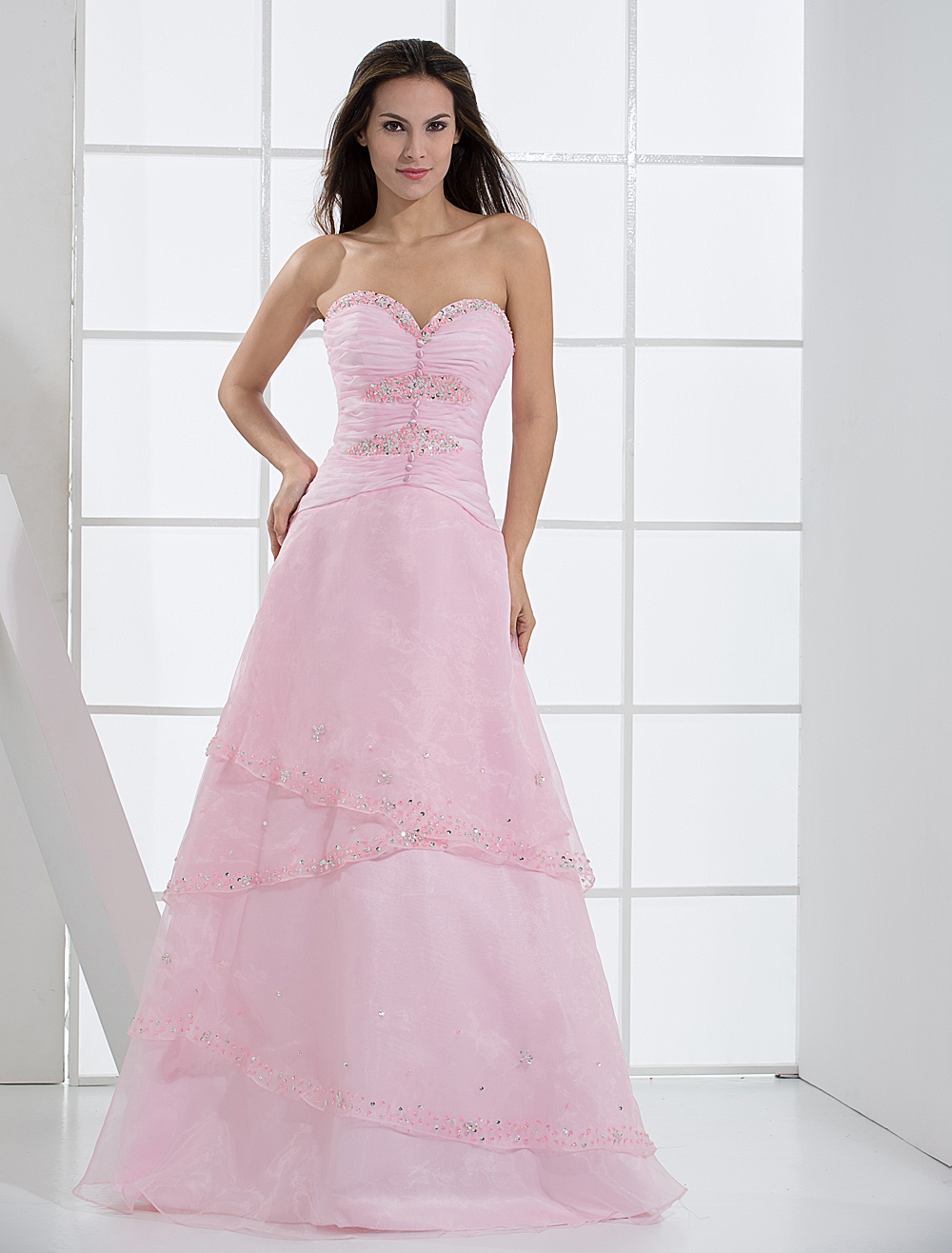 Pink Strapless Satin Organza Prom Dress Homecoming Dress