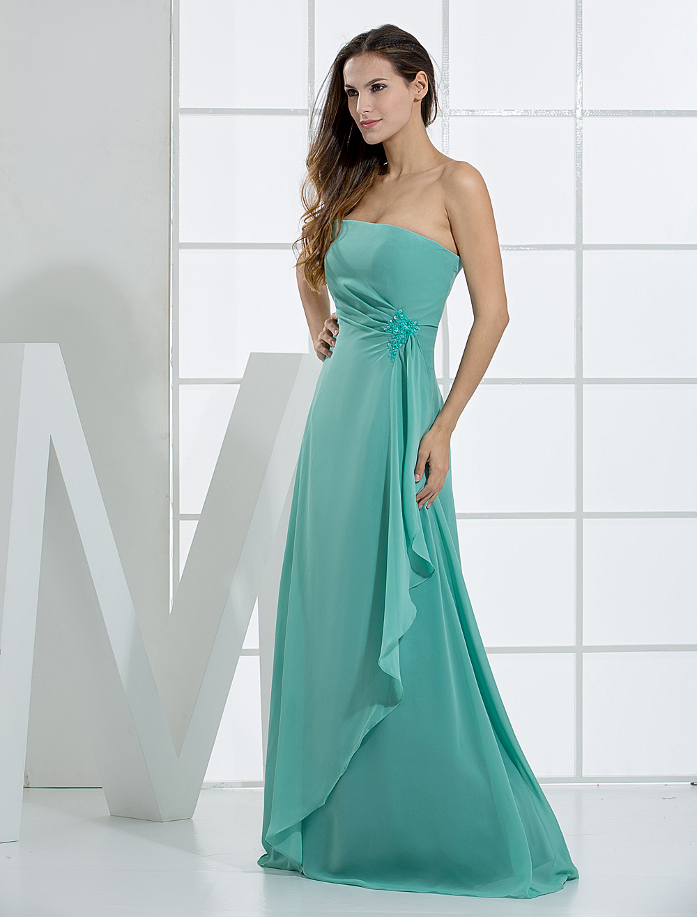 Romantic A-line Strapless Floor Length Chiffon Bridesmaid Dress ...