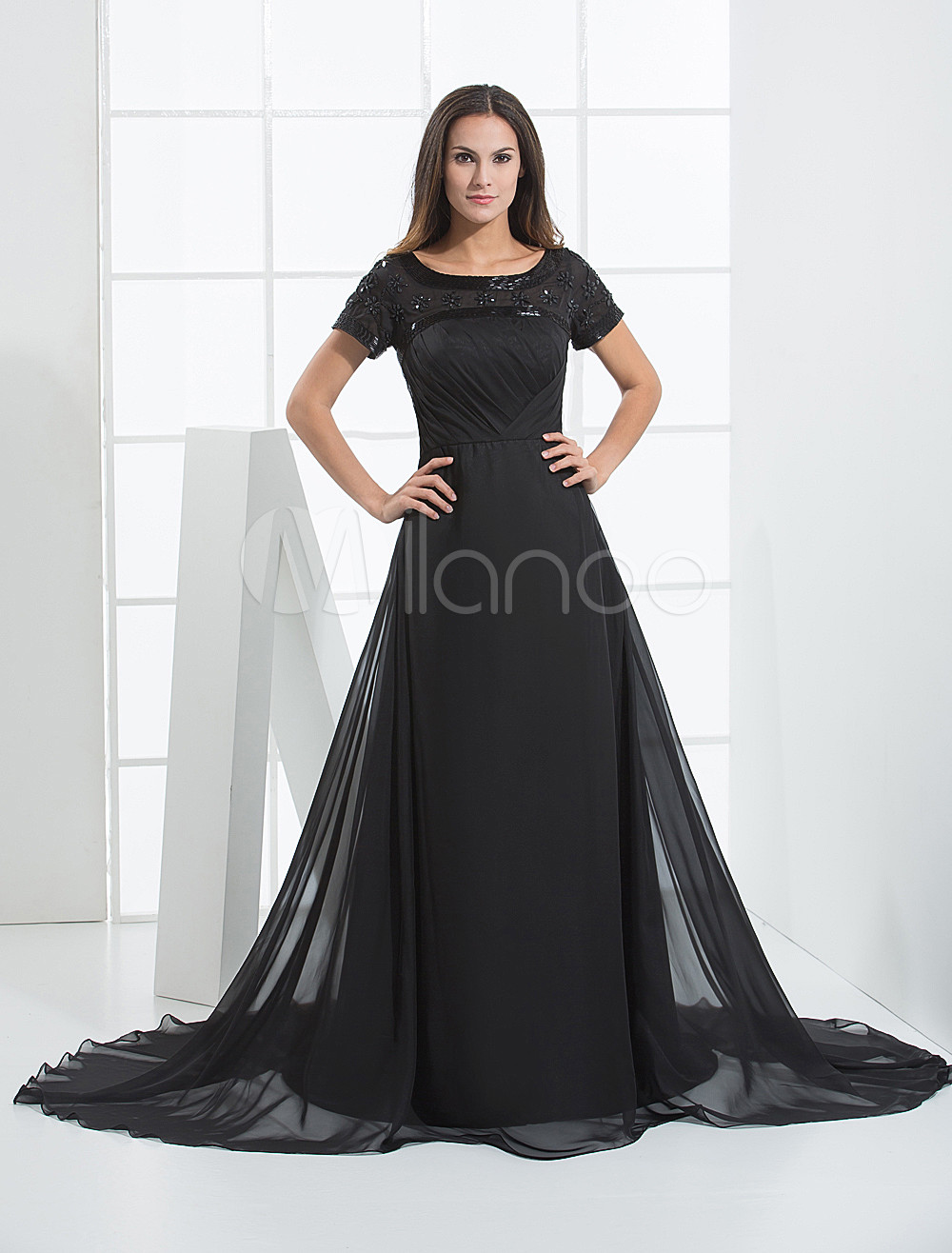 Black Floor Length Chiffon A-line Satin Evening Dress - Milanoo.com
