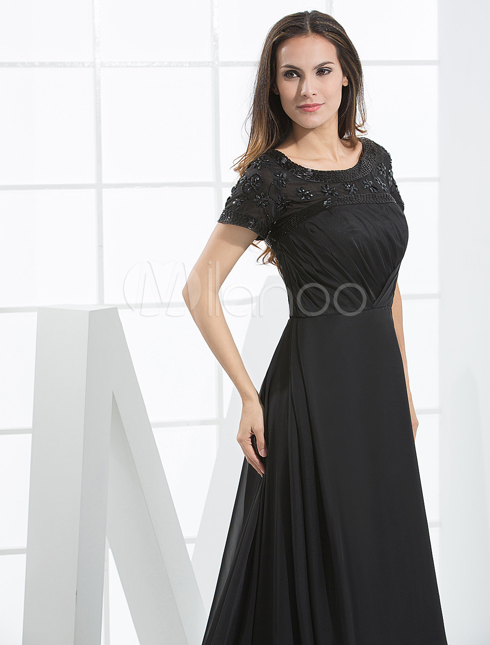 Black Floor Length Chiffon A-line Satin Evening Dress - Milanoo.com