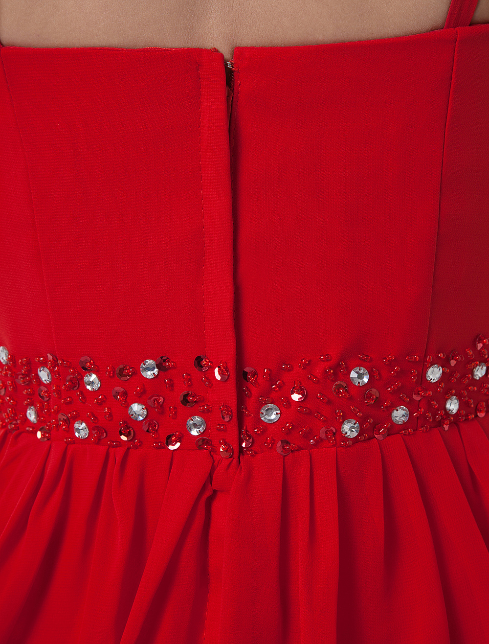 Lace Strap V Neckline Chiffon Bridesmaid Dress Red