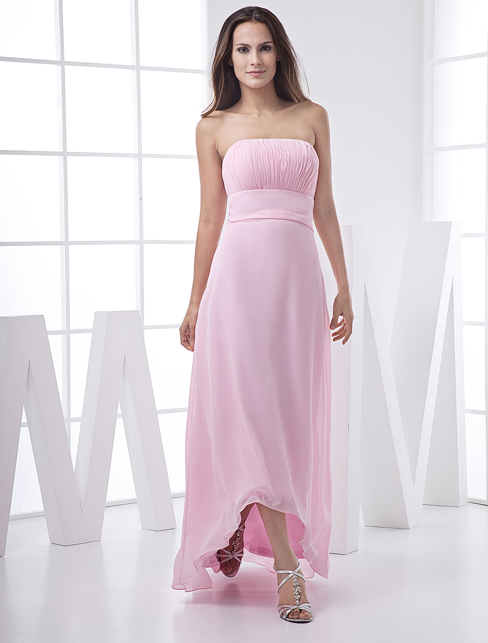 Pink Empire Waist Chiffon High Low Bridesmaid Dress 7993