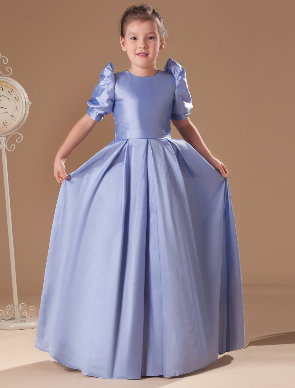 Puff Sleeves Sash Taffeta Flower Girl Dress