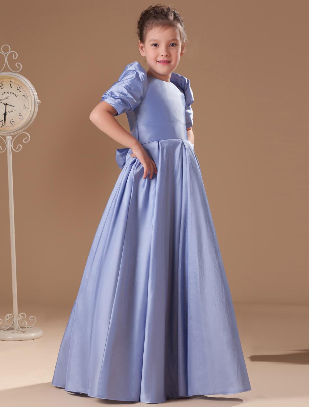 Puff Sleeves Sash Taffeta Flower Girl Dress
