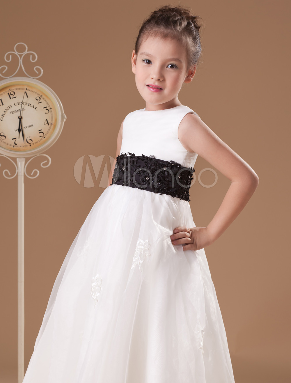 Grace White Aline Jewel Satin Tea Length Flower Girl Dress