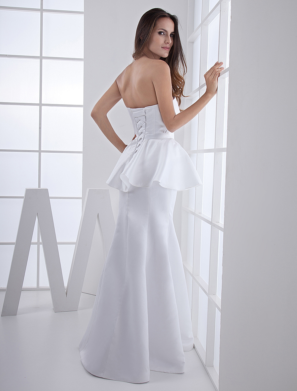 White Satin Strapless Evening Dress 9354