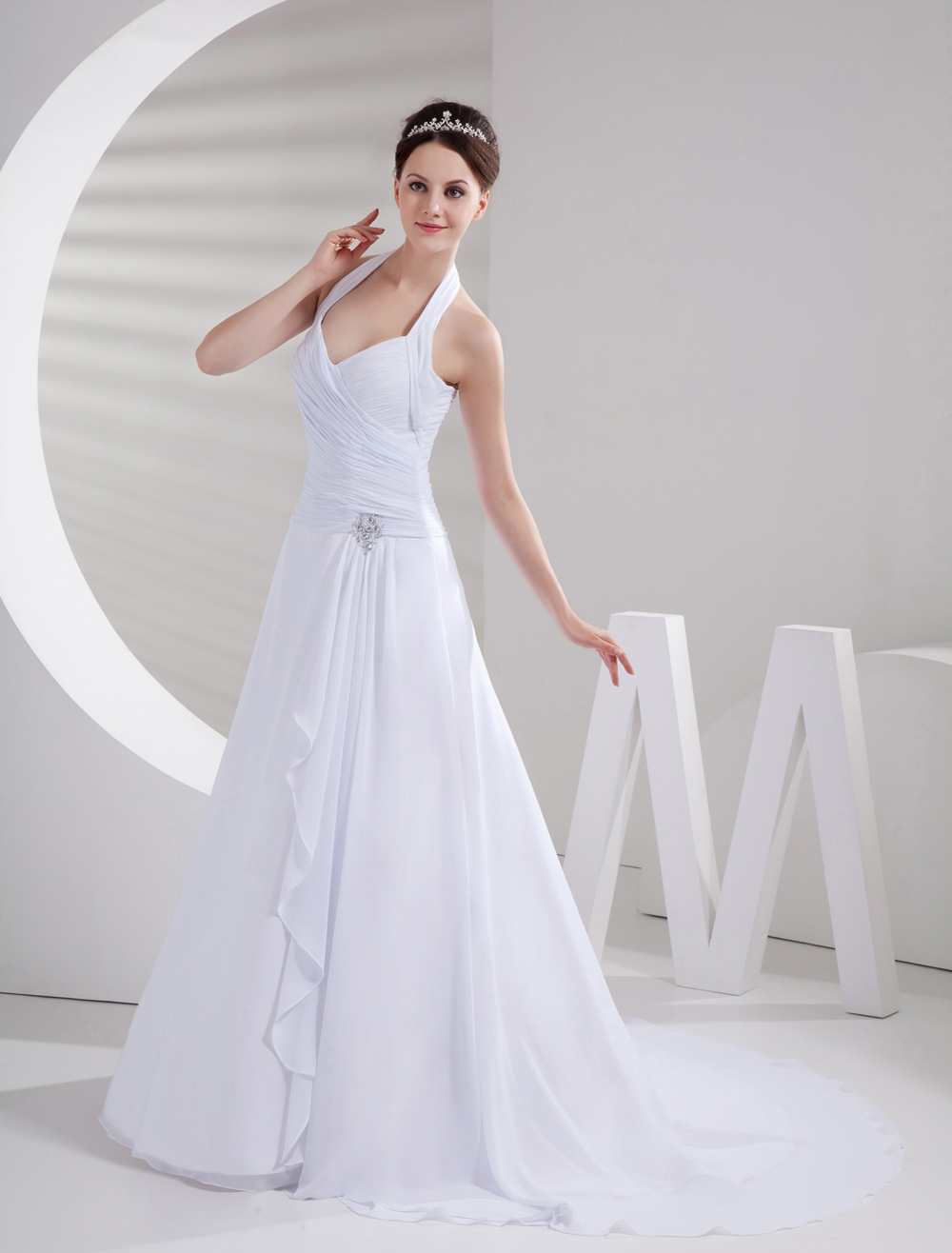 Amazing White Halter A-line Chiffon Sweep Wedding Dress - Milanoo.com