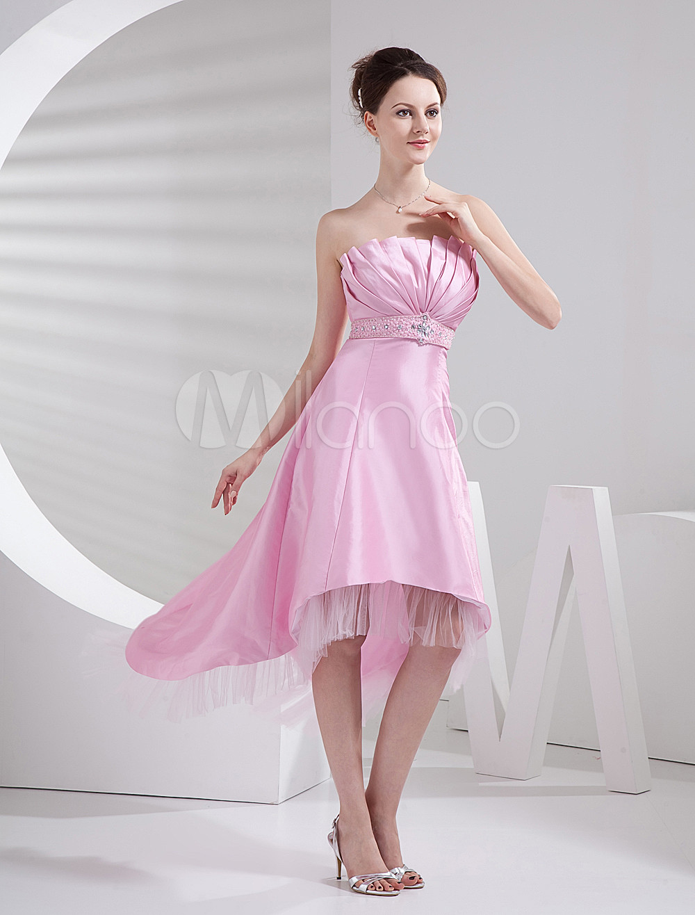 Pink Asymmetrical Hemline Aline Taffeta Net Prom Dress