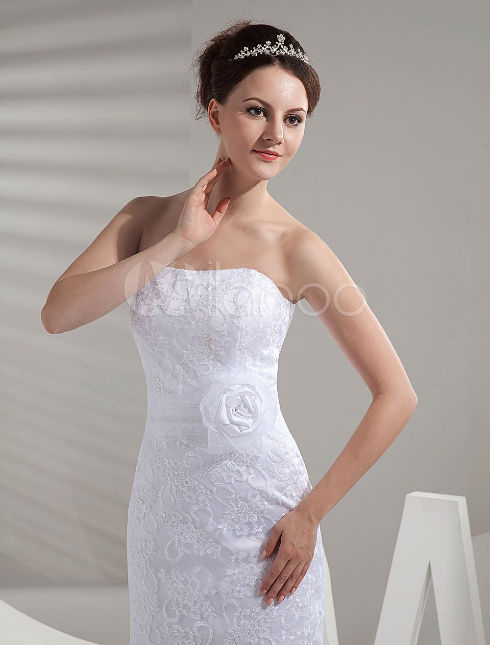 White Lace Strapless Applique Mermaid Trumpet Wedding Dress - Milanoo.com