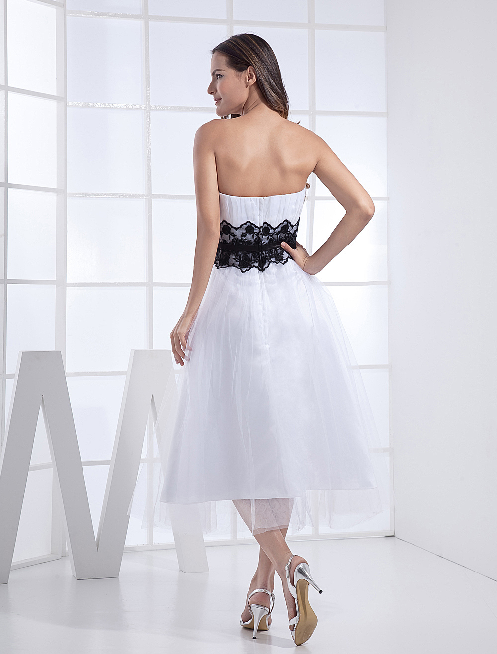 White Lace Strapless Midi Bodycon Wedding Dress with Back Zipper main image 0