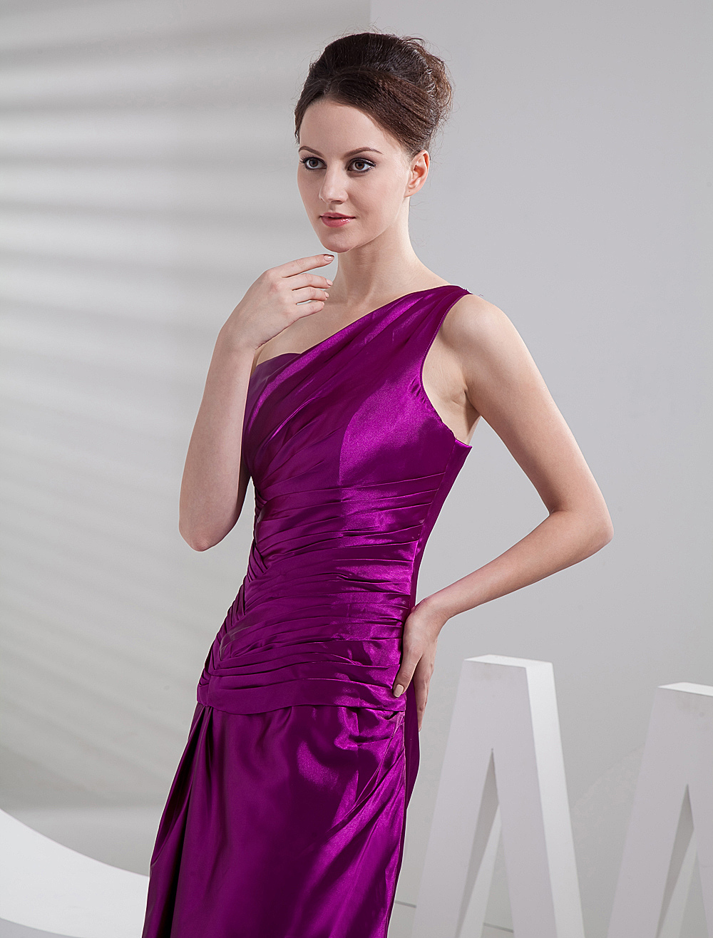 Sheath Prom Dress Magenta Satin One Shoulder Tiered Party Dress With ...