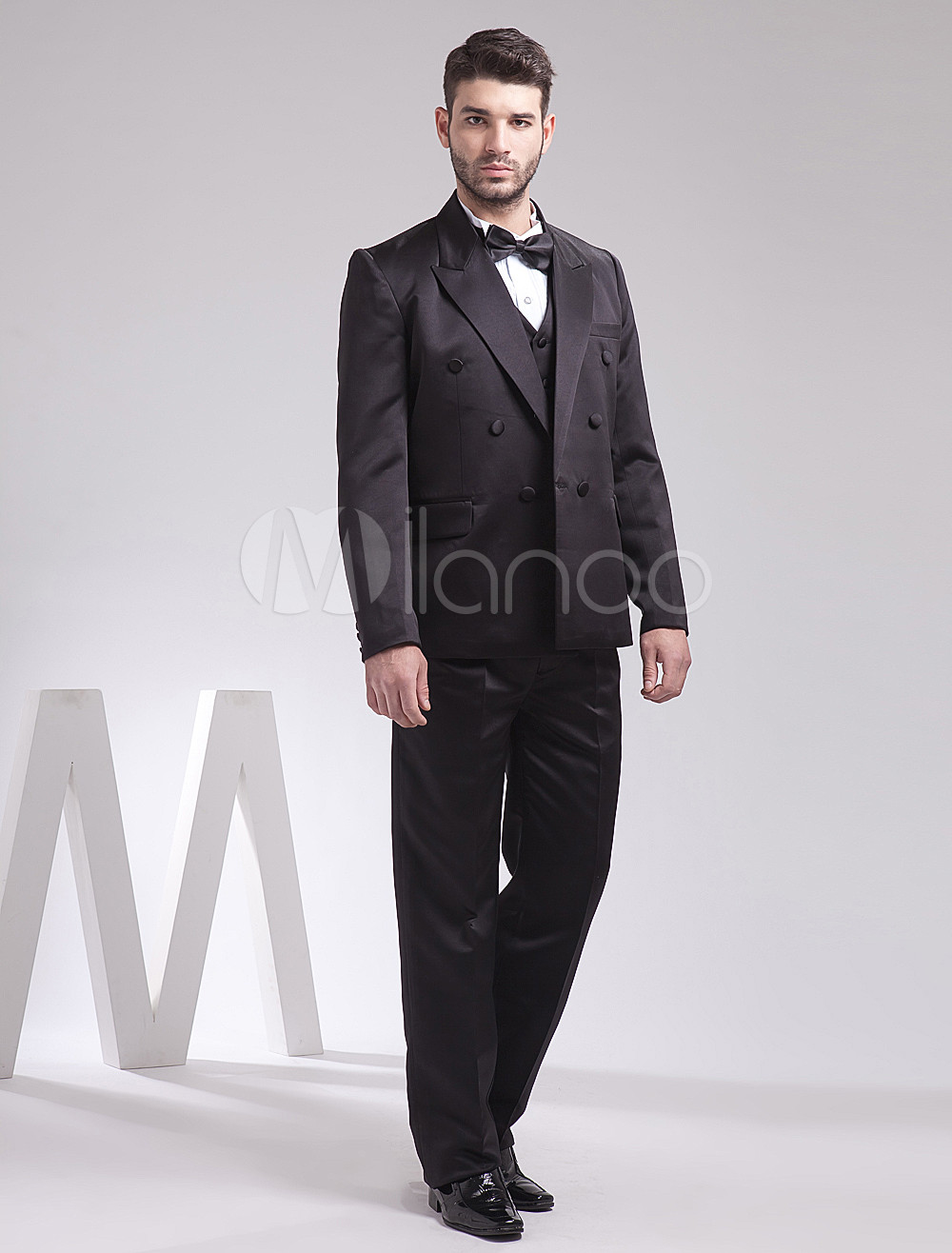 Nice Black Double Breasted Button Lapel Worsted Groom Wedding Tuxedo ...
