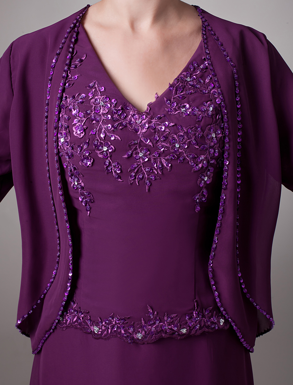 Mother's Dress 2 Piece Set Lavender A Line V Neck Sequin Embroidered