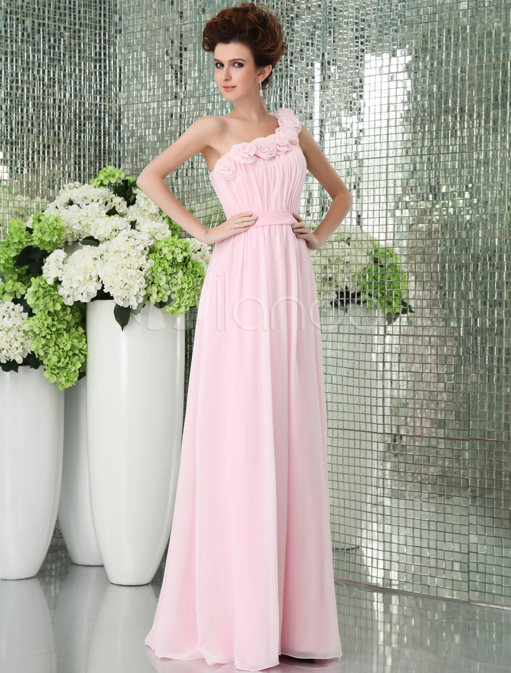 Pink One Shoulder Chiffon Floor Length Womens Bridesmaid Dress 3178