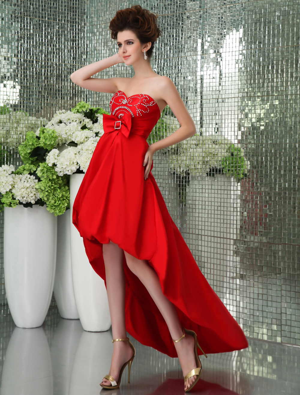 Red Asymmetrical Prom Dress with Empire Waist Strapless Bow - Milanoo.com