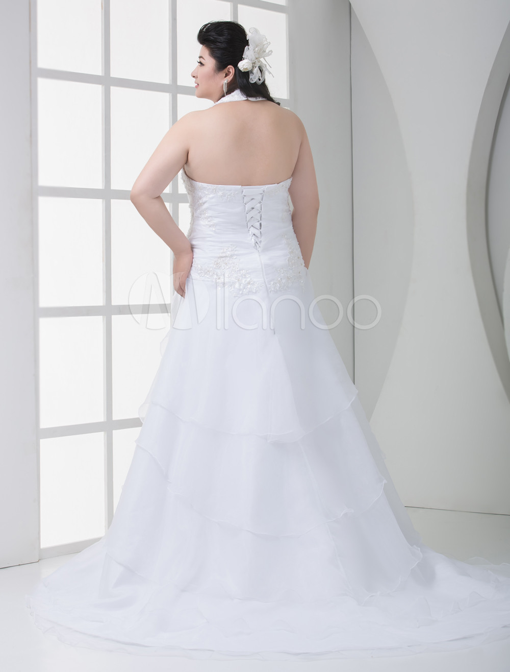 Sexy White A Line Halter V Neck Tulle Plus Size Wedding Dress