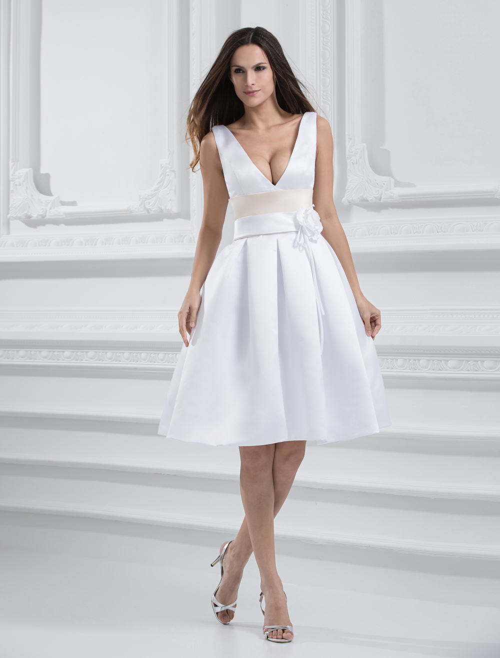 white-knee-length-v-neck-sash-satin-wedding-dress-milanoo