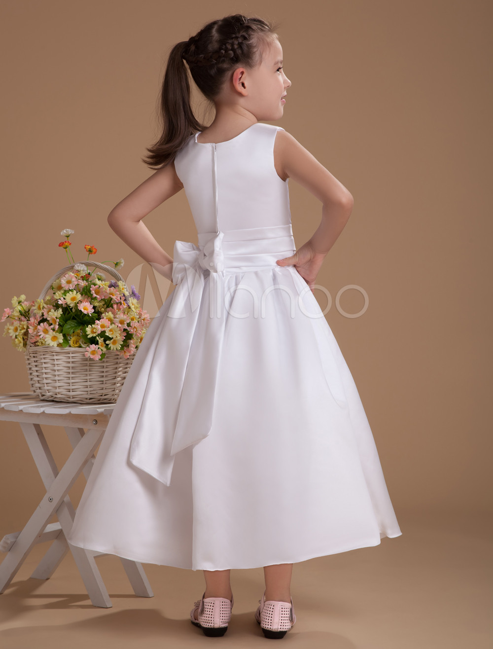 Cute White Satin Flower Girl Dress - Milanoo.com