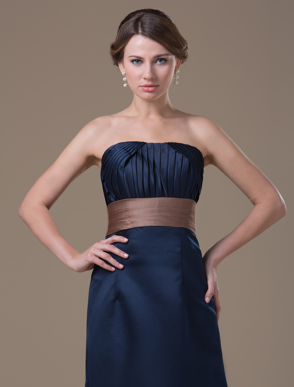 A Line Dark Navy Satin Maternity Bridesmaid Dress With Strapless Empire Waist 