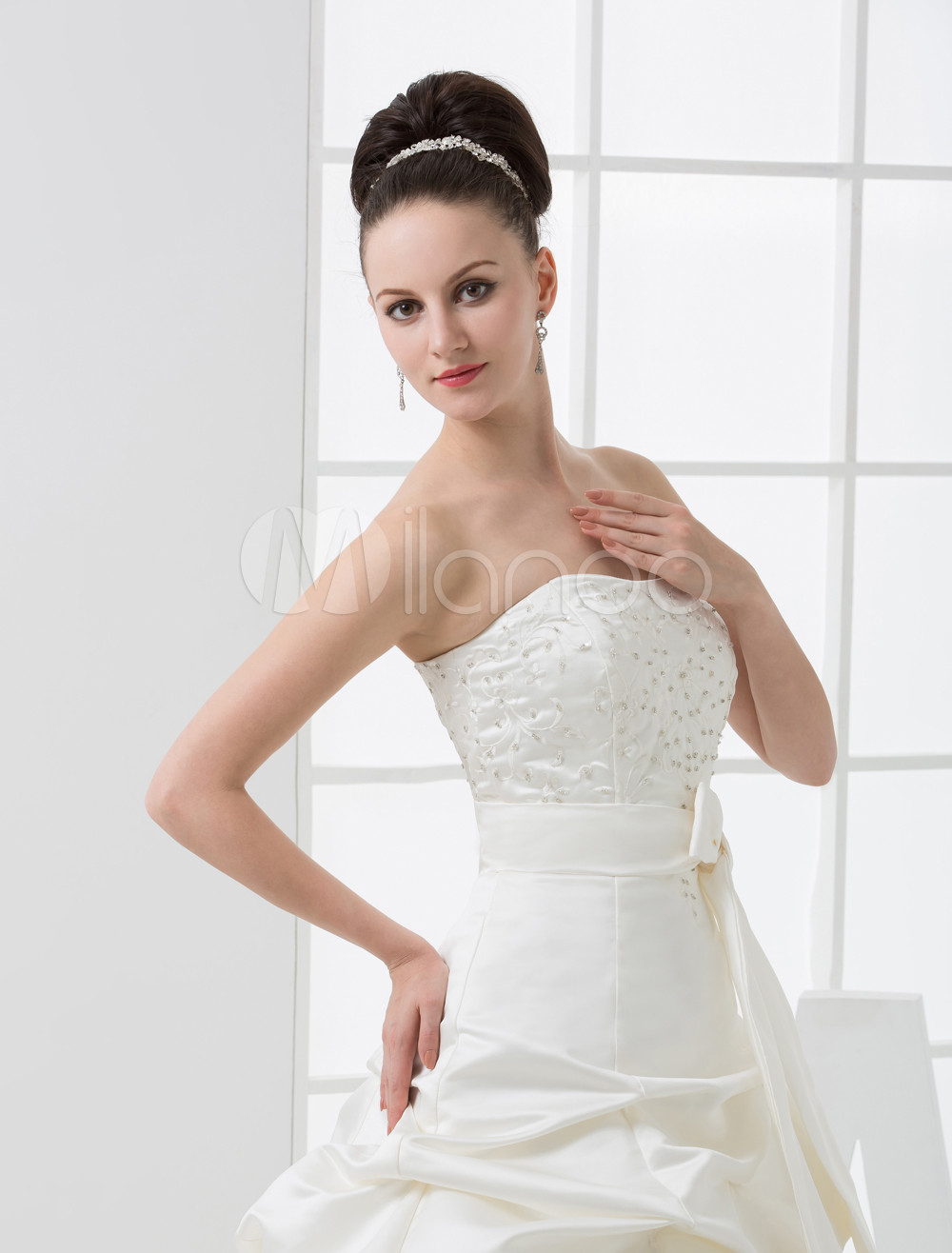 Ivory Strapless Ball Gown Sash Satin Wedding Gown 6546