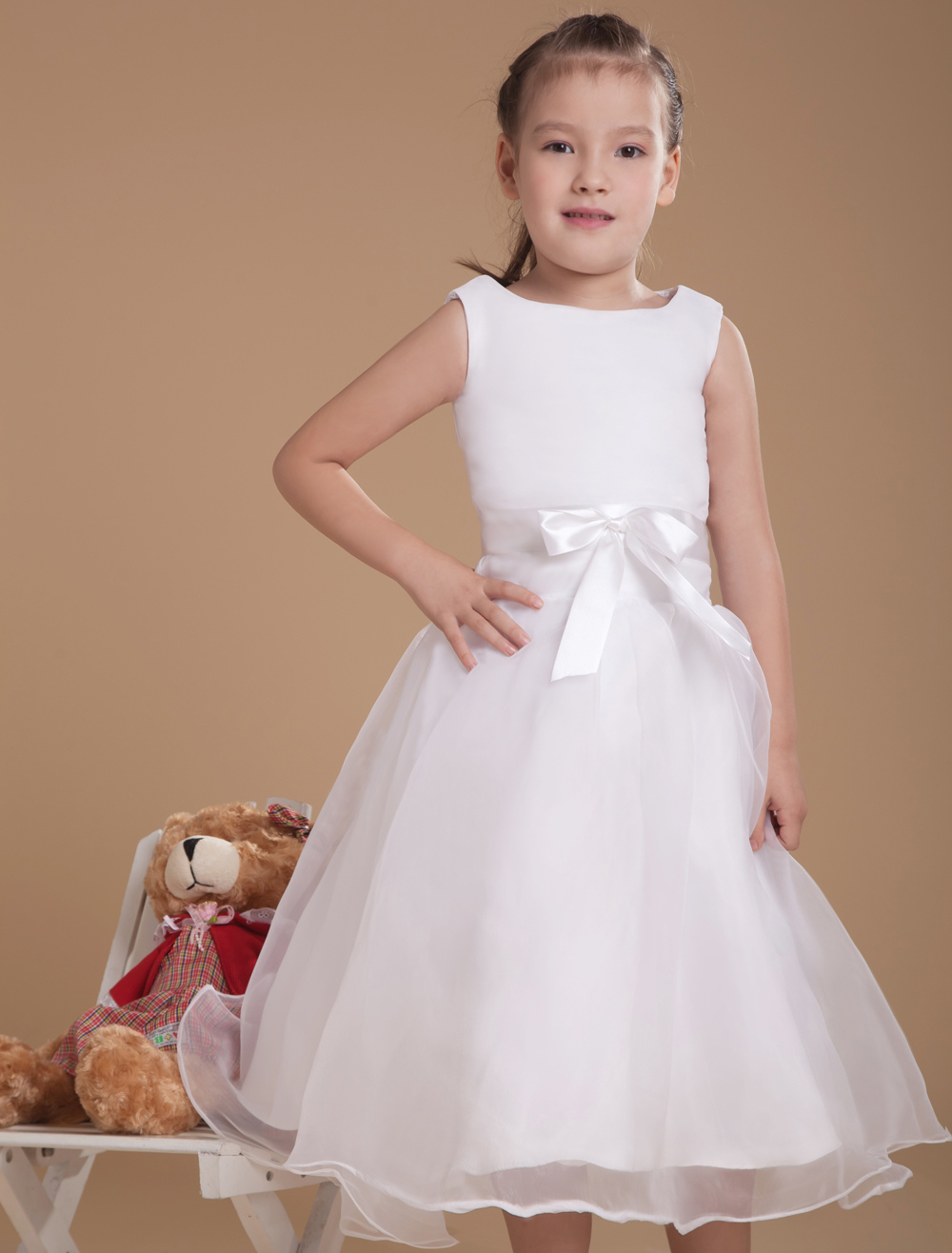 Romantic White Satin Flower Girl Dress