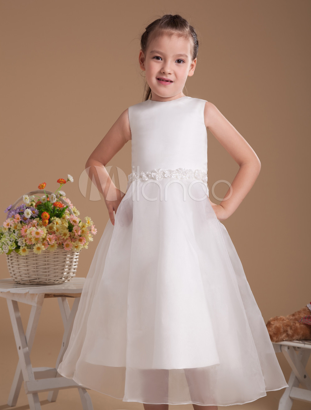 Beautiful Retro White Satin Flower Girl Dress