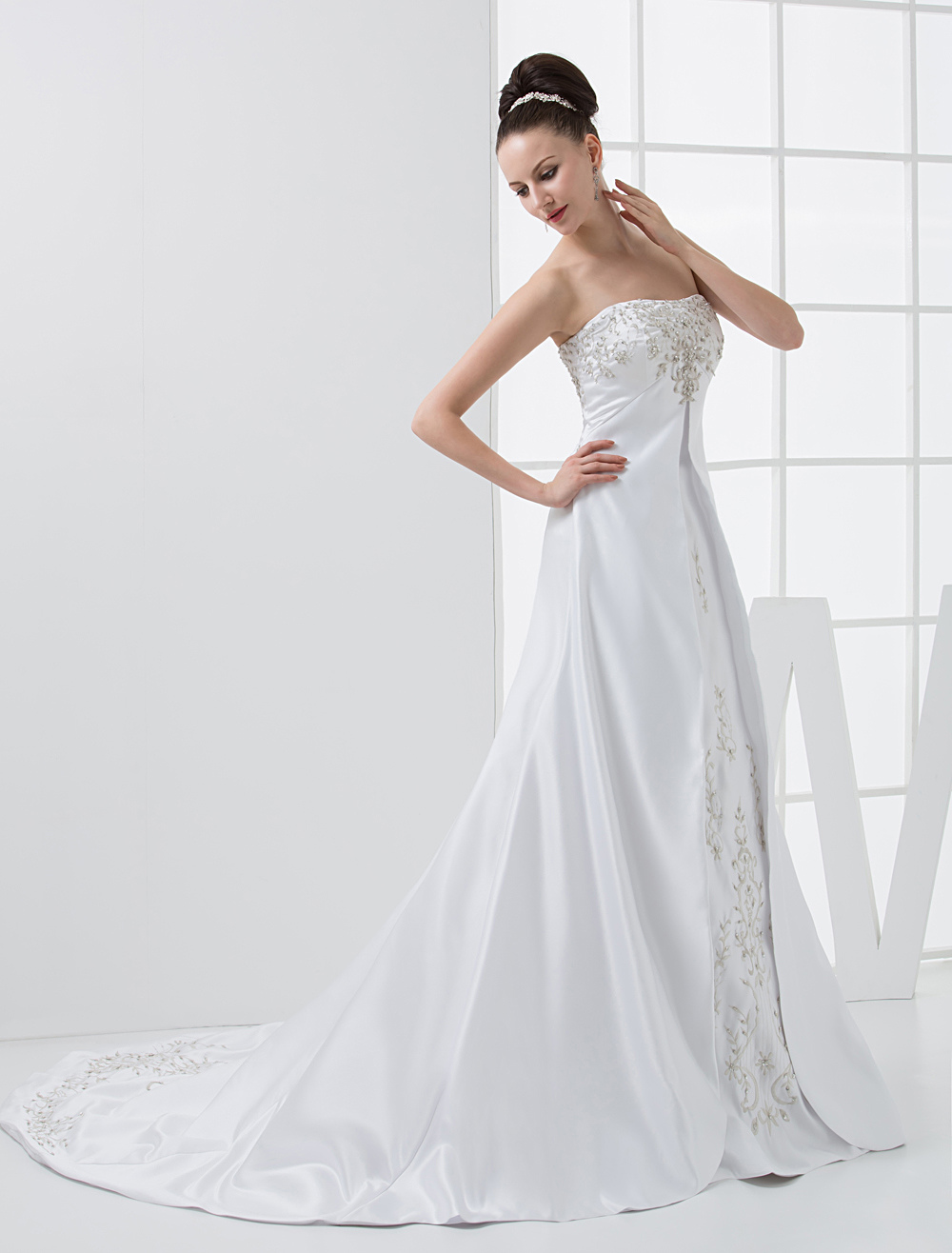 White A-line Empire Waist Strapless Beaded Satin Wedding Dress ...