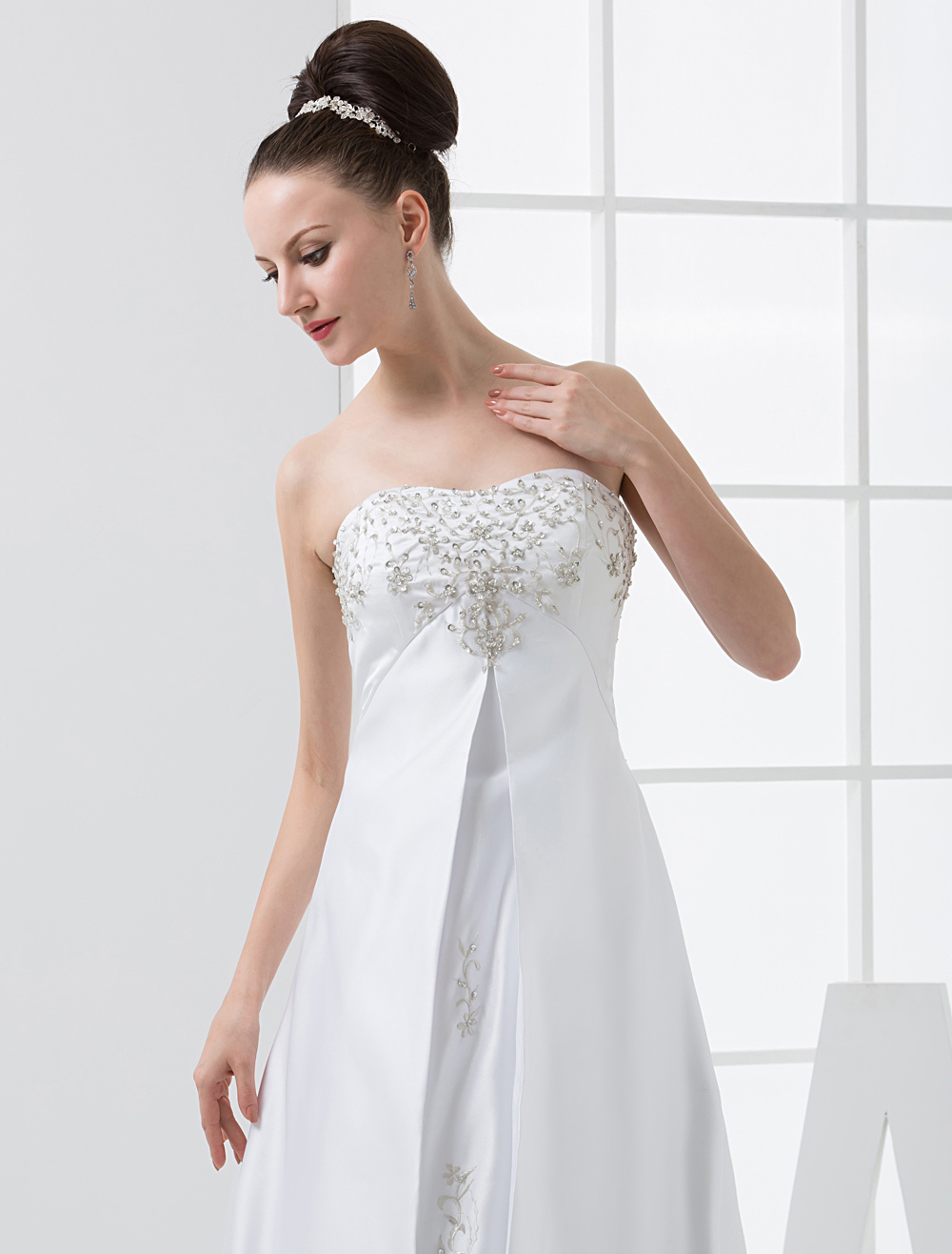 White A-line Empire Waist Strapless Beaded Satin Wedding Dress ...