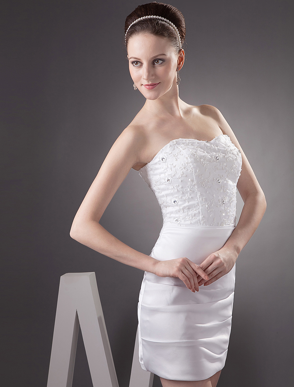 Short Wedding Dress White Satin Sheath Pleated Strapless Sweetheart Neck Mini Bridal Dress