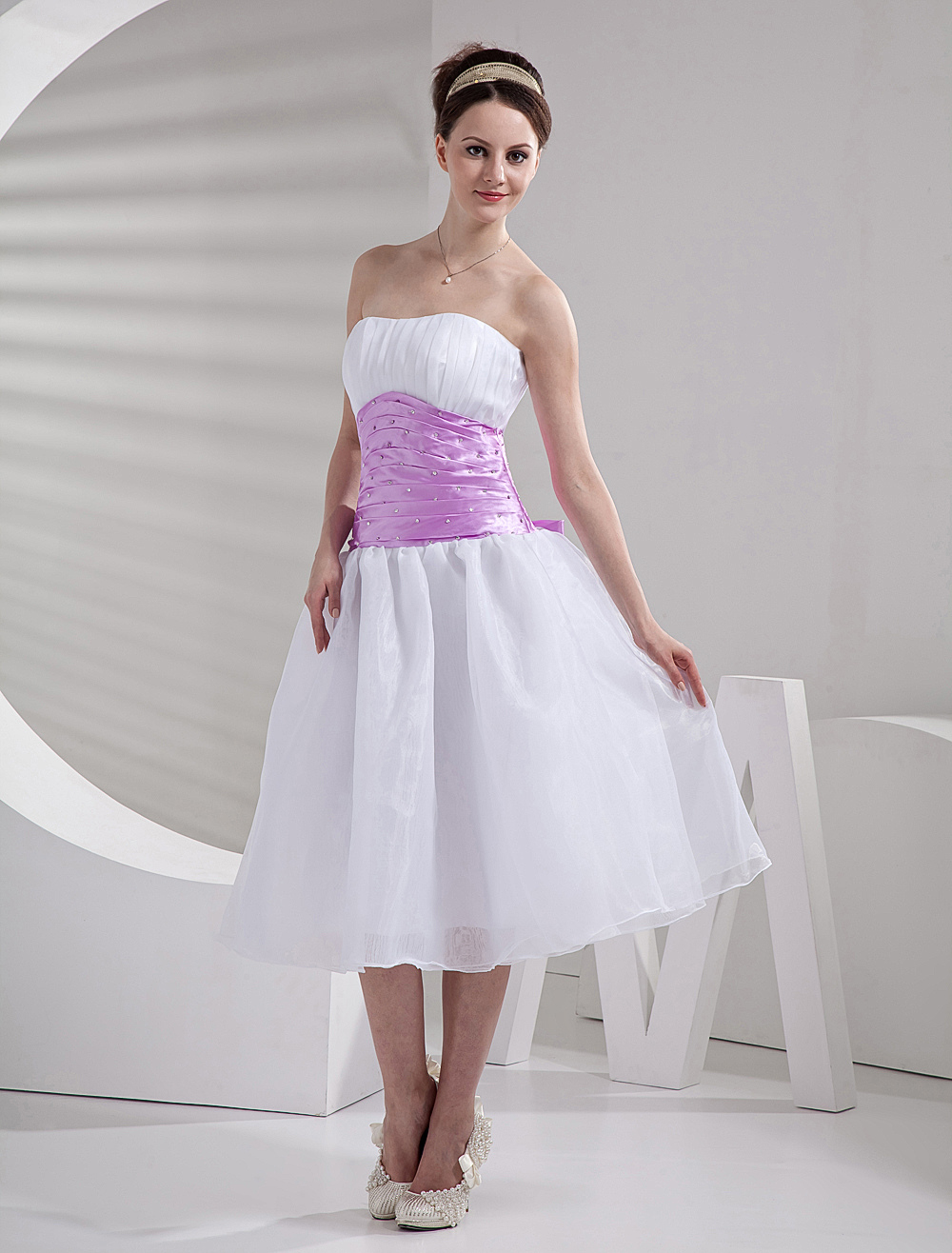 Cute White Strapless Pink Sash Beaded Cocktail Dress