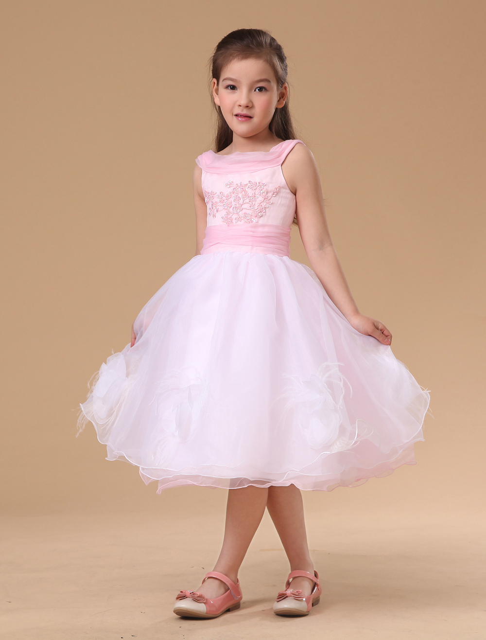 Pink Sleeveless Satin Organza Lace Flower Girl Dress - Milanoo.com