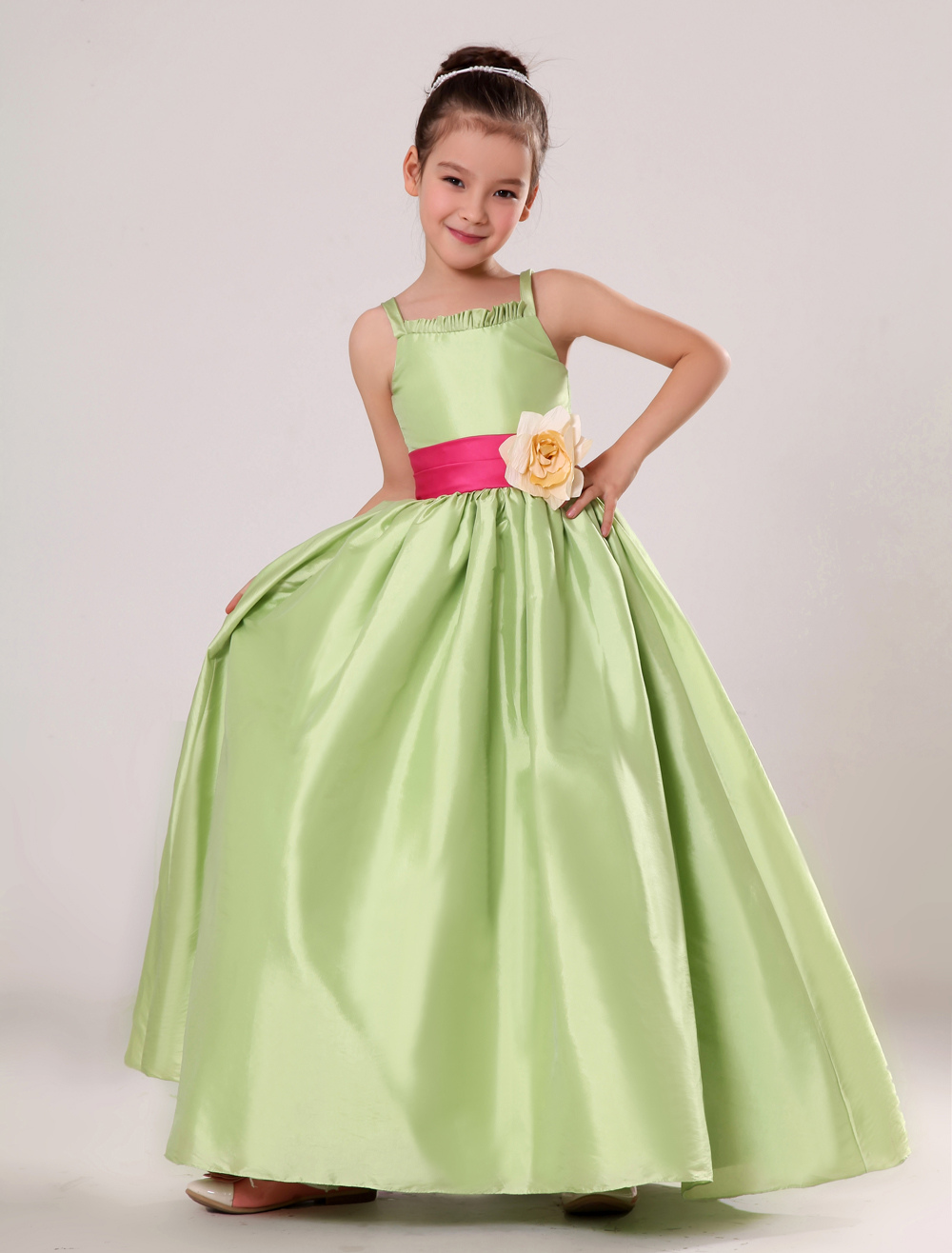 Lime Green Flower Girl Dress Sash Flowers Satin Dress