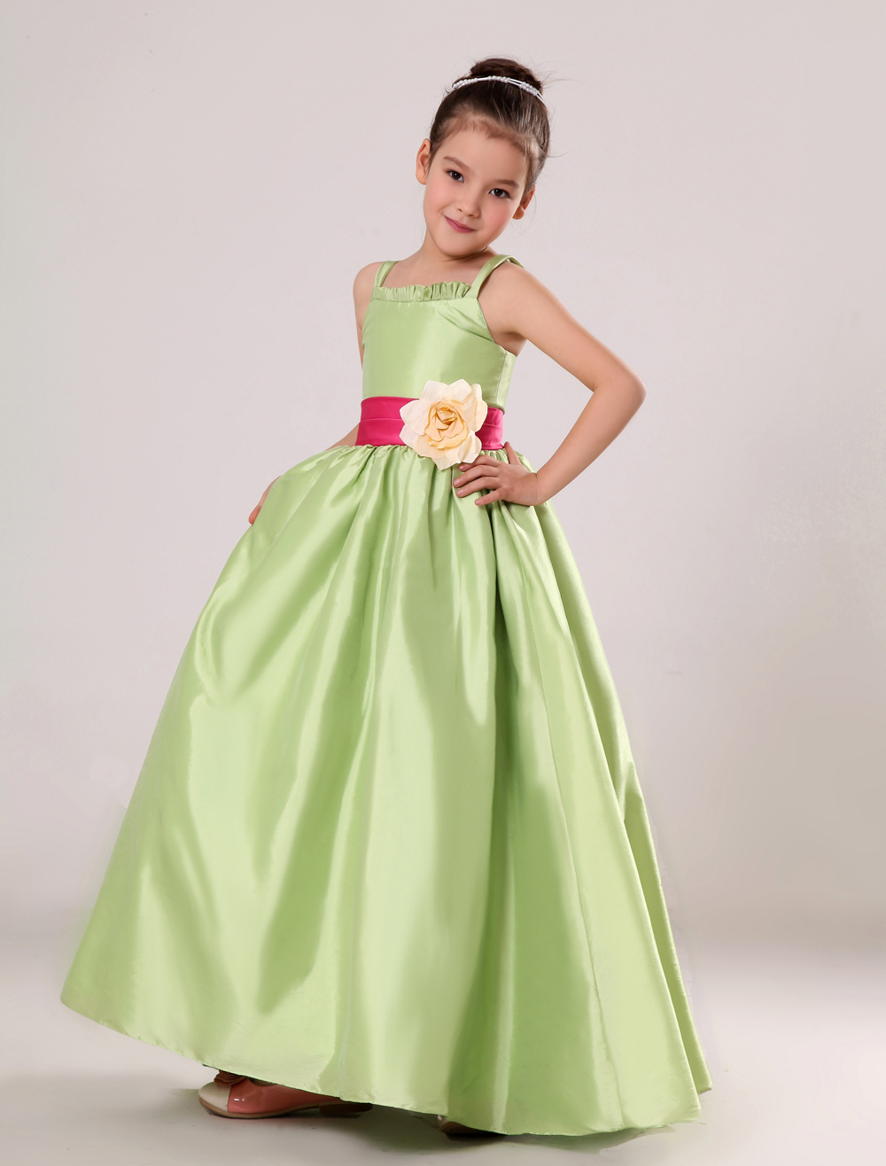 Lime Green Flower Girl Dress Sash Flowers Satin Dress