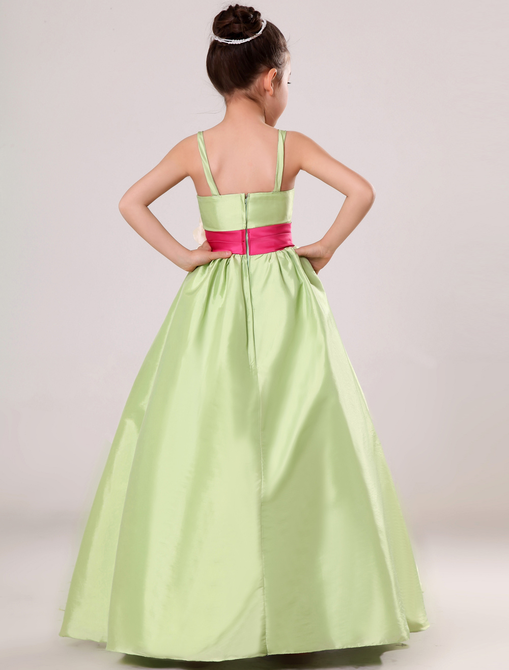 Lime Green Flower Girl Dress Sash Flowers Satin Dress