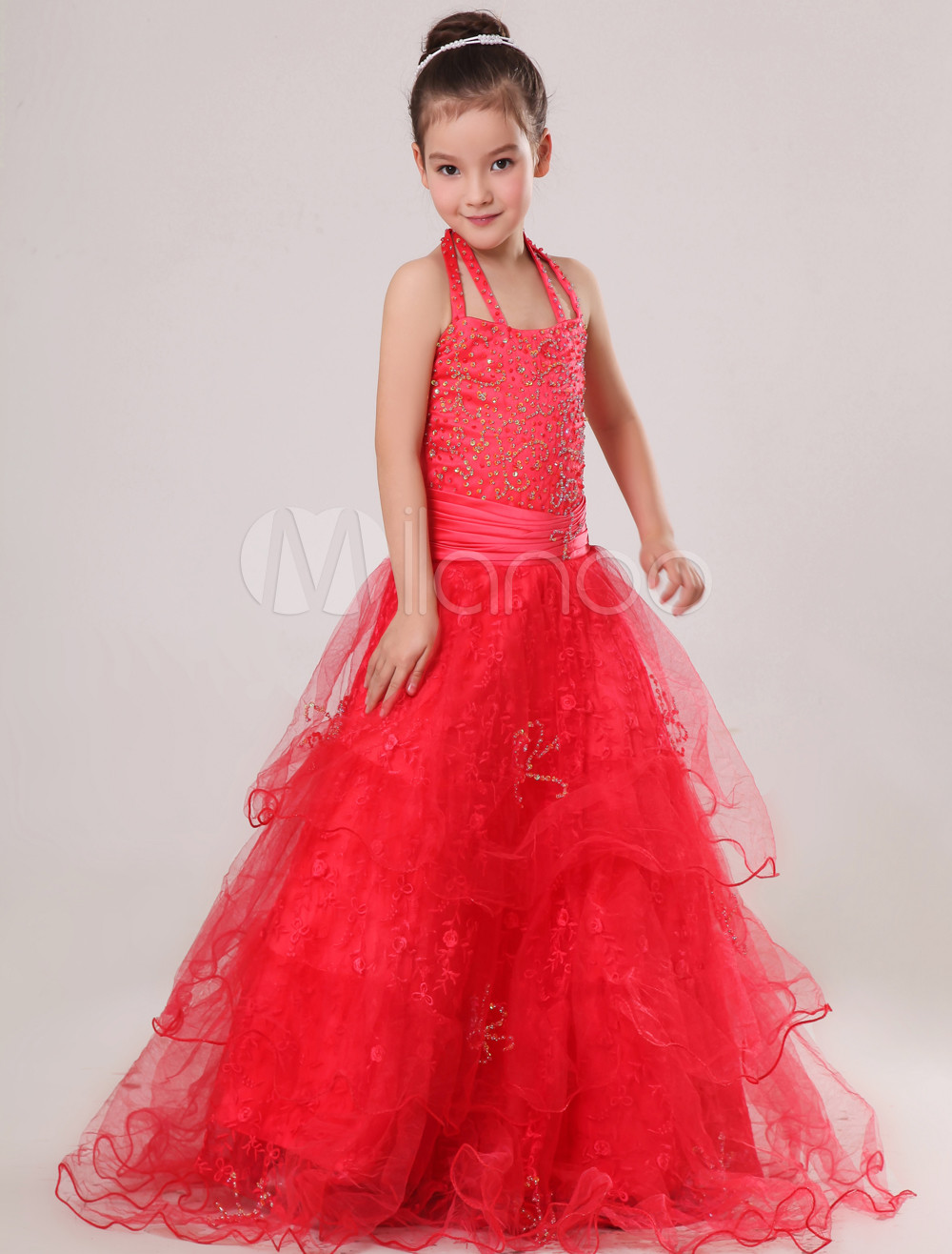 Red Halter Floor-Length Ruffles Ball Gown Girls Pageant Dress - Milanoo.com