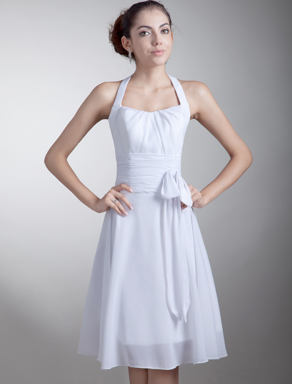 A-line White Chiffon Sash Halter Knee-Length Wedding Bridesmaid Dress ...